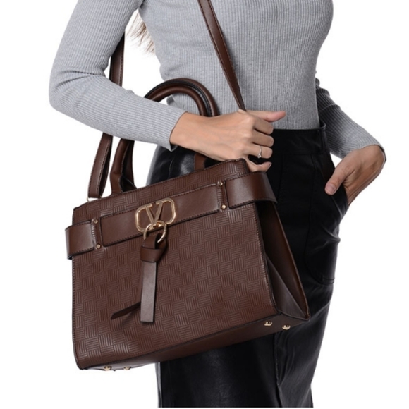 Chocolate Faux Leather Satchel Bag with Strap - Picture 3 of 4